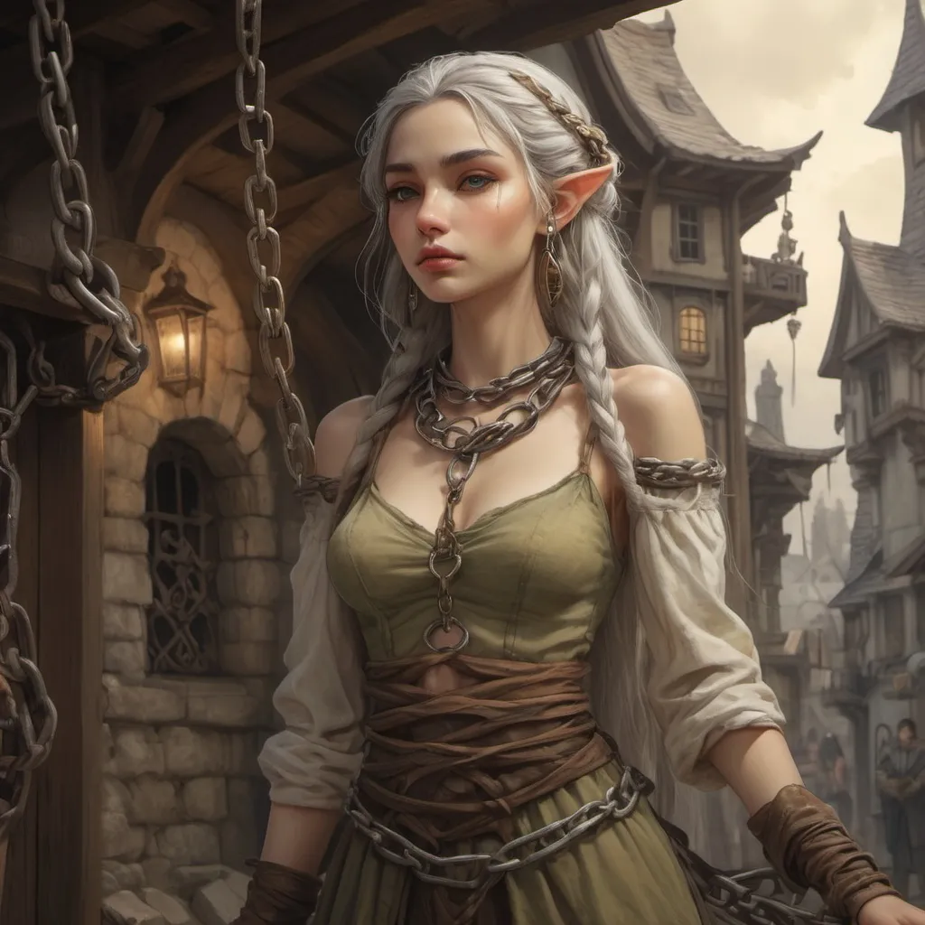 Prompt: (depiction of a chained and shackled slave elven woman), beiing sold on the marked, nostalgic (Anton Pieck-inspired architecture) in the background, torn clothing, showcasing whimsical details, charming warm tones, and rich textures, a fantasy ambiance, enchantingly detailed, evoking a sense of wistful beauty, high-quality (4K), ultra-detailed, magical atmosphere.