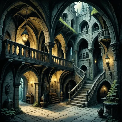 Prompt: (DnD dungeon), grand and atmospheric halls, intricate details in the architecture, shadowy corners, adventurers exploring, (Anton Pieck style) whimsical and enchanting illustration, dark shadows, a sense of mystery and adventure, whimsical creatures lurking, ultra-detailed, high-quality fantasy art, immersive and captivating ambiance.