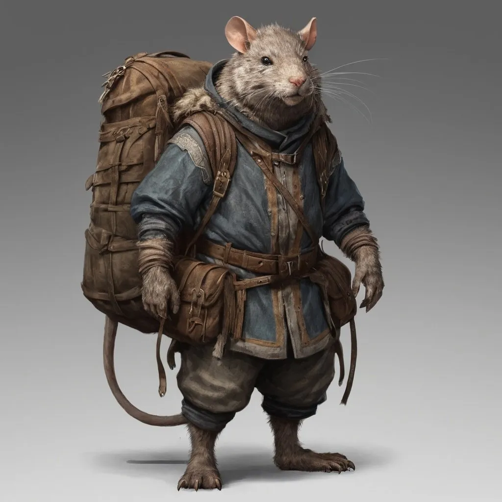 Prompt: digital art, full body medieval fantasy packrat, DnD style character, realistic, high detail, full body, huge backpack, straps, detailed fur