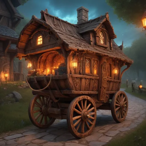 Prompt: (a grand magical wooden carridge), two story, medieval fantasy, glowing runes, swirling magical energy, vibrant colors, enchanting atmosphere, stones lining the rustic country road, atmospheric lighting with soft warm tones, detailed craftsmanship of wagon, elaborate carvings, ultra-detailed, dynamic energy showcasing active spells, an air of adventure and mystique.