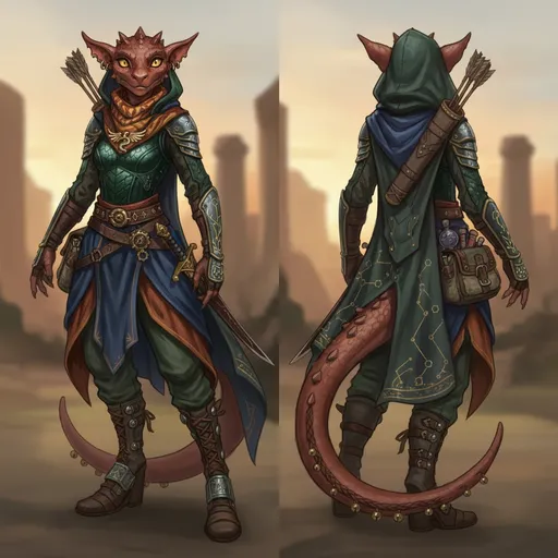 Prompt: Envision a digital sketch capturing a medieval fantasy adventurer, adorned in intricately layered clothing.  haut couture fashion ideas blending seamlessly with the practicality of adventure gear. Front and back view. showing the many attributes and stylishness for the contemporary female kobold adventurer. The design features a practical but stylish  outfit. styled to impress. To enhance the atmosphere, the style leans towards vibrant, painterly textures, reminiscent of classic fantasy illustrations.