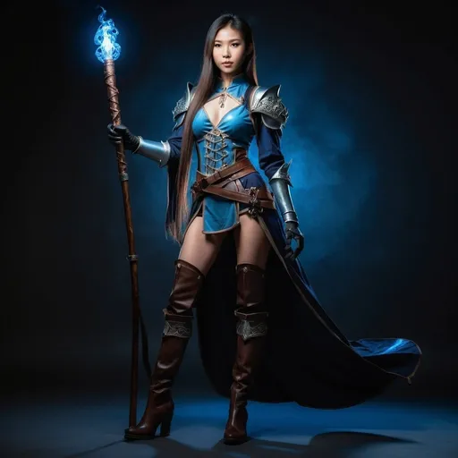 Prompt: gorgeous asian woman in DnD character, full body, medieval fantasy, holding a glowing mages staff,  high-quality, leather boots, leather gloves, posing, straight hair, striking pose,  professional lighting, ultra-detailed, dignified stance,  professional lighting