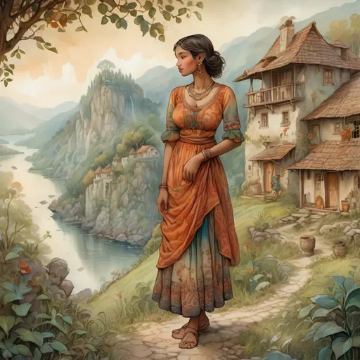 Prompt: (adivasi woman), (Anton Pieck style), vibrant colors, whimsical details, nostalgic atmosphere, natural surroundings, warm tones, flowing dress, intricate patterns, soft lighting, fantasy elements, inviting landscape, storytelling quality, enchanting scene, detailed texture, traditional accessories, high-quality illustration, dreamy feel.