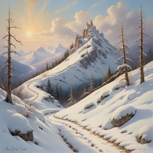 Prompt: winding snowfilled mountain track in a open forest, oil painting painting, animal tracks, deep snow, low sun shining, drifting clouds, high quality,  snowy, mountains, sunlit, serene, peaceful, scenic, soft colors, artistic, drifting clouds, winter scene, snow, ice, anton pieck style citadel in the distance