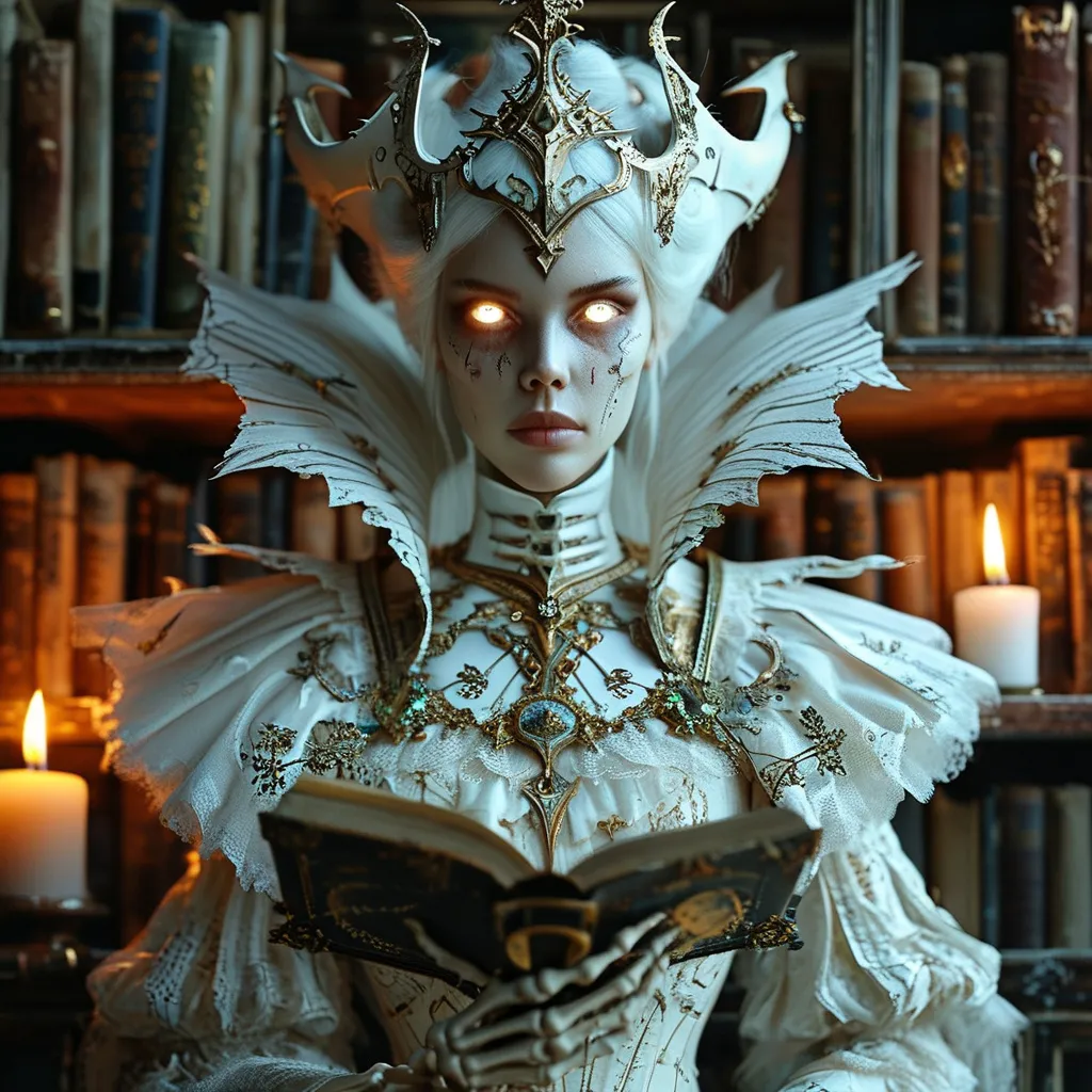 Prompt: (god-like lich queen), flawless ivory face, victorian armor, (mesmerizing burning eyes), a sense of death and inevitable fate, surrounded by ancient books symbolizing profound knowledge, magical illumination, active spellbook illuminated, dark and eerie backdrop, candlelit ambience creating ominous shadows, (highly detailed, ultra-realistic), cinematic lighting highlighting skeletal features, atmosphere steeped in mystique and power.