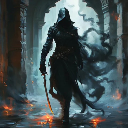 Prompt: shadow assassin DnD character, (swirling black smoke) enveloping a lithe figure, (daggers at the ready) poised for action, (medieval fantasy) atmosphere, deep shadows contrasting with faint glimmers of light, mysterious aura surrounding the character, high detail textures, (dramatic lighting) creating tension and intrigue, dark tones, (4K resolution) for a captivating and immersive scene.