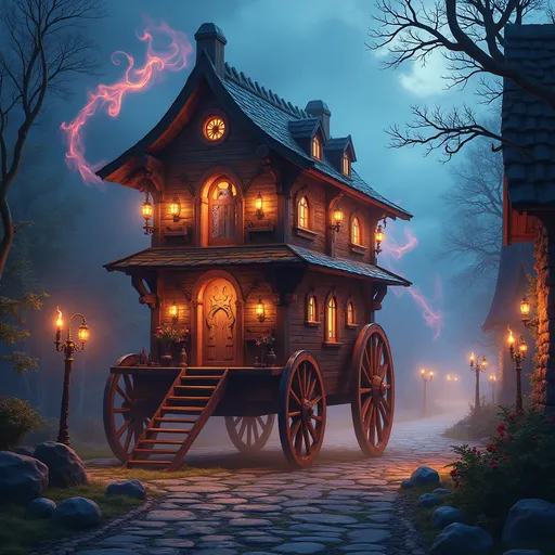 Prompt: (a grand magical wooden transport wagon), two story, medieval fantasy, glowing runes, swirling magical energy, vibrant colors, enchanting atmosphere, stones lining the rustic country road, atmospheric lighting with soft warm tones, detailed craftsmanship of wagon, elaborate carvings, ultra-detailed, dynamic energy showcasing active spells, an air of adventure and mystique.