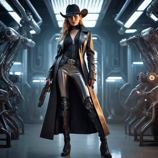 Prompt: full body Cowgirl in futuristic sci-fi setting, cowboy hat,  high-tech materials, detailed cowgirl outfit with leather duster trenchcoat, overcoat, intense and confident expression,  bionic inplants on the face, high-res, ultra-detailed, sci-fi, laser guns, sciborg, futuristic, cowgirl, high-tech, detailed outfit, atmospheric lighting