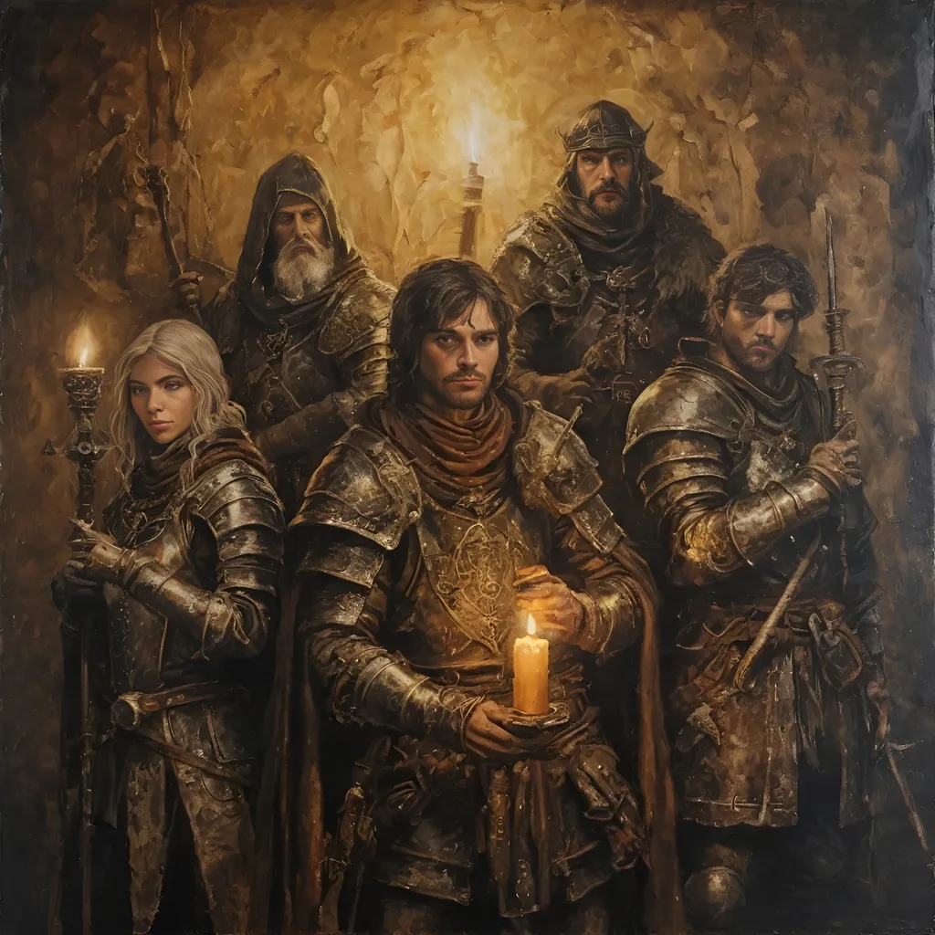 Prompt: Encaustic painting of medieval fantasy style explorers, dnd Characters, earthy tones, darkness, candle light, high qualtiy faces, highly detailed, expediton gear, atmospheric lighting, high quality, encaustic painting, gold,  earthy tones, detailed, medieval fantasy, darkness, atmospheric lighting