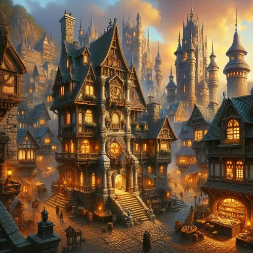 Prompt: Medieval fantasy city ,fantasy, oil painting, big inn with courtyard and stables, high quality, detailed, atmospheric, old world charm, warm lighting, fantasy architecture, towering structures,  mystical aura, detailed stone architecture, anton piek