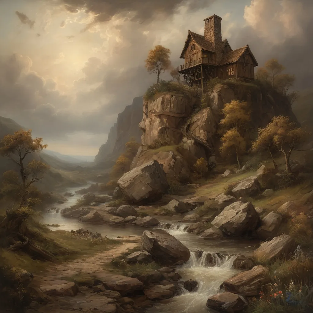 Prompt: (An oil painting of a rocky landscape with a hunting cabin and a lookout tower) in medieval fantasy style, john constable, dramatic lighting, earthy brown tones, detailed textures, wild stream, enchanting atmosphere, foggy valleys, ancient stone structures, wildflowers, rustic charm, ultra-detailed, high resolution, golden clouds, masterpiece quality, deep shadows যে rich contrast, realistic proportions, intricate details, nature's grandeur