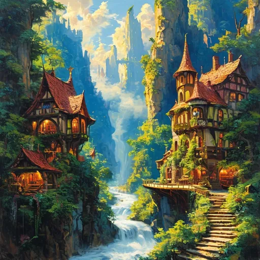 Prompt: (anton pieck style oil painting), vibrant jungle cliffs, enchanting medieval fantasy tavern with towers and spires, grand entrance,  wild stream, (golden clouds) casting a warm glow, intricate smooth lines, mystical ancient ruins, magical swirls enveloping the scene, detailed runes illuminating the surroundings, (dreamy atmosphere), lush greenery, ethereal lighting, captivating storytelling, (ultra-detailed) composition.