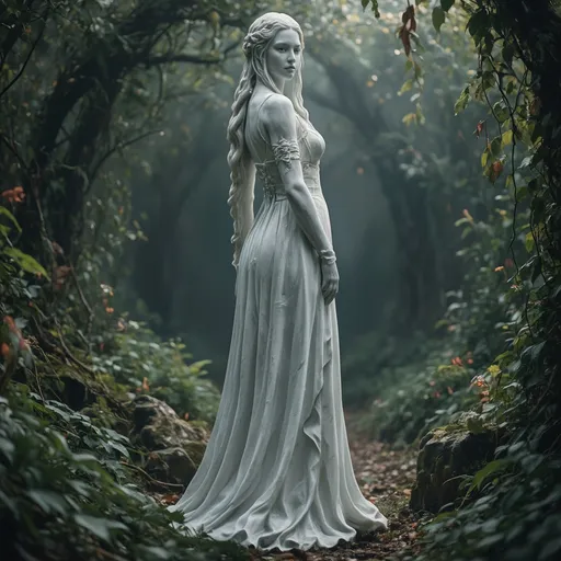 Prompt: (realistic Calacatta marble statue), stunningly beautiful mistress, long braided hair, (veiny marble features), (gorgeous strong face), long medieval fantasy dress with straps, sleek high heels, (dominant stance), looking over shoulder, (overgrown forest clearing), magical spells in the air, enchanting atmosphere, ethereal light filtering through foliage, (highly detailed), (4K), dramatic shadows and highlights, captivating and mystical vibe.