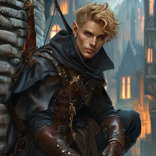 Prompt: (slender rogue male woodelf DnD character), (light bronze skin), (sleek caramel-colored hair), (grey cunning eyes), (hooded and cloaked), thiefs tools, grapling hook, medieval fantasy town, intricate leather armor, daggers at his side, crouching pose on the rooftop, at night, in the shadows, detailed character design, capturing his cunning expression, high quality, ultra-detailed, photo realistic, shortbow on his back