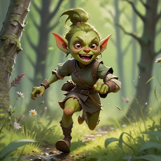 Prompt: female goblin character DnD style, prettyy face, running in a meadow in a forest,  martial arts, little stream, cute, sweet, fierce, fantasy art, magic the gathering artwork, concept art