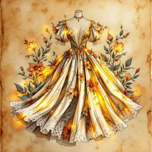 Prompt: technical drawing of a summer dress design, tropical style, medieval fantasy, intricately detailed ink lines, elegant flowing shapes, rustic parchment background, soft texture contrasts, warm highlights,, artistic presentation, dynamic angles, fashion illustration elements, high-quality craftsmanship, refined, inspiring, showcasing creativity and design excellence, beautiful composition.