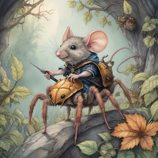 Prompt: (pencil watercolor painting) Justin Gerard style, (whimsical) D&D character mouse knight , (cute) mouse riding a big fuzzy tarantula, (detailed) intricate textures, adventurous atmosphere, enchanting background with vibrant colors, fantasy landscape, captivating details of foliage and spider web, (highly detailed), (ultra-detailed), storybook charm, magical adventure theme.