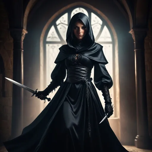 Prompt: photo realistic Medieval fantasy illustration of a skilled maid assassin, detailed flowing robes, maid costume, mysterious and stealthy demeanor, intricate dagger , high fantasy setting, mannerhouse, silhouette in the background, detailed satin fabric with rich textures, piercing and determined gaze, enchanted migical illuminated dagger , best quality, high fantasy, detailed robes, assassin, medieval, skilled, stealthy, mysterious, determined gaze, professional, atmospheric lighting