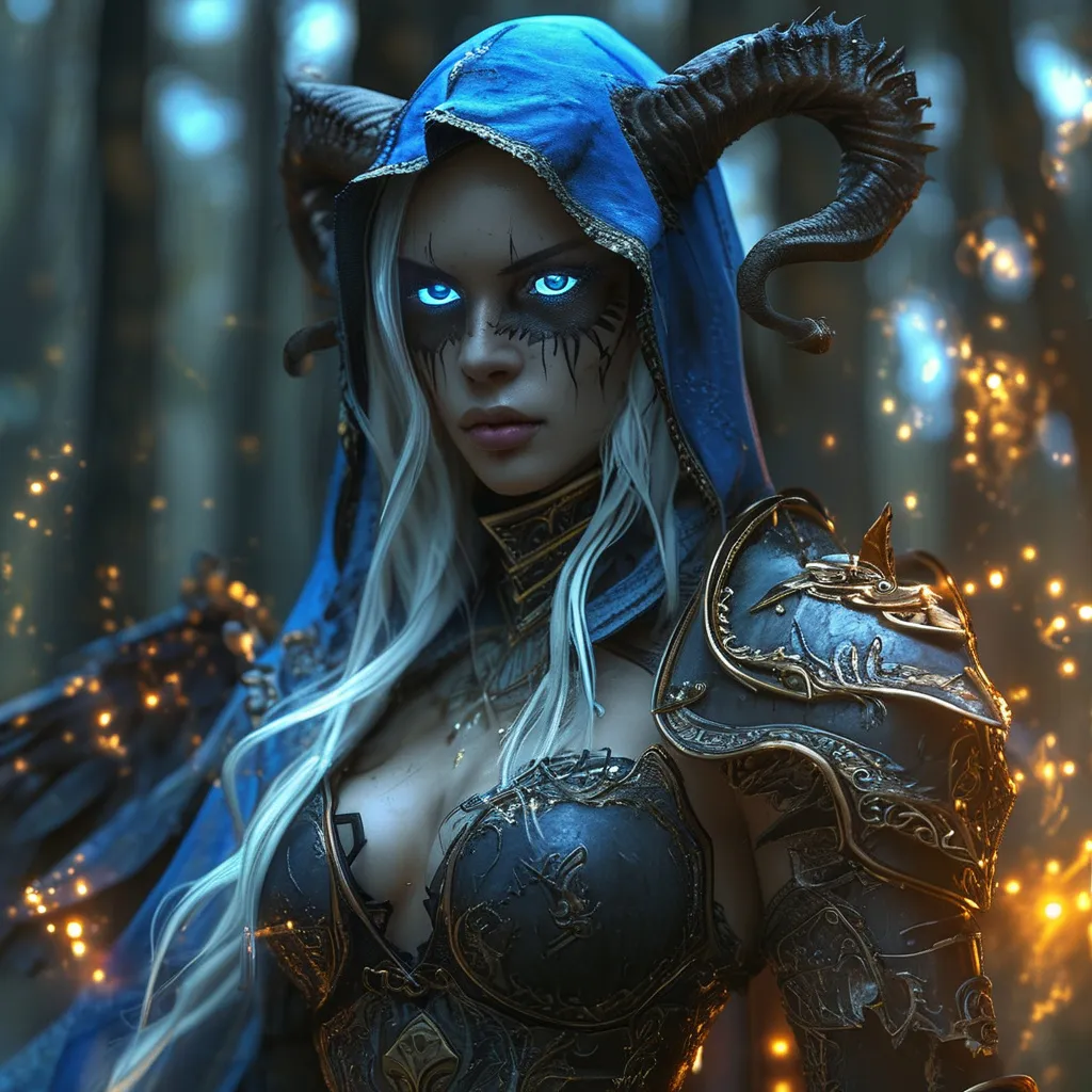 Prompt: Full depiction of a (unaturally beautiful tiefling) Valkyrie character, wearing a (long flowing gown with intricate lace details) and (high heel armored boots), in a dark hunted forest, intense blue healing eyes, dark shadows enhance her elegance, hopefull ambiance, highly detailed features, (HD) quality, magical atmosphere, flow of  magical golden illumination surrounding her 