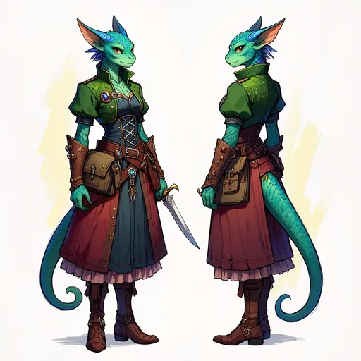 Prompt: Envision a digital sketch witha  realistic looking aspect, capturing a medieval fantasy adventurer, adorned in intricately layered clothing. Haut couture fashion ideas blending seamlessly with the practicality of adventure gear. Front and back view. showing the many attributes and stylishness for the contemporary female kobold adventurer. The design features a practical but stylish  outfit. styled to impress.  the whole picture is set against an off white slightly yellow background. To enhance the atmosphere, the style leans towards vibrant, painterly textures, reminiscent of classic fantasy illustrations.