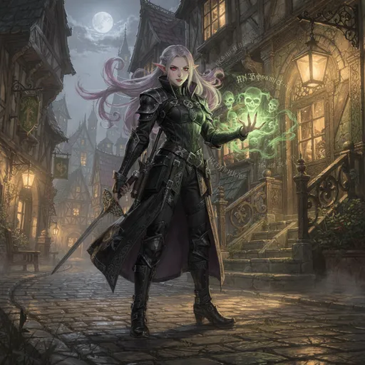 Prompt: imagine a medieval realistic digital fantasy art of an slender  athletic build gorgeous pale skinned but cute female vampire with a noble and intricately designed black leather robes with aristocratic style, a rapier hanging on her hip and necromancy magic swirling in her hand.  her eyes intense shimmering red and ready for action. she is wearing sturdy leather heeled boots. standing on the steps of a  mansion in a highend street behind the inner walls of a fantasy town in anton pieck style streets.