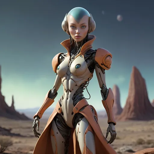 Prompt: full body wild west style Female cyborg exploring alien planet, realistic digital art, high-res, alien fauna,  overcoat, futuristic technology, vibrant alien landscapes, intense and inquisitive gaze, detailed 3D rendering,  tight leather overcoat, professional, western style, gorgeous face, atmospheric lighting, futuristic sci-fi, advanced robotics, otherworldly atmosphere, strong stance, high-tech gadgets, alien wildlife, immersive and detailed, ultra high-res, digital painting, sci-fi, vibrant alien colors, shining lights