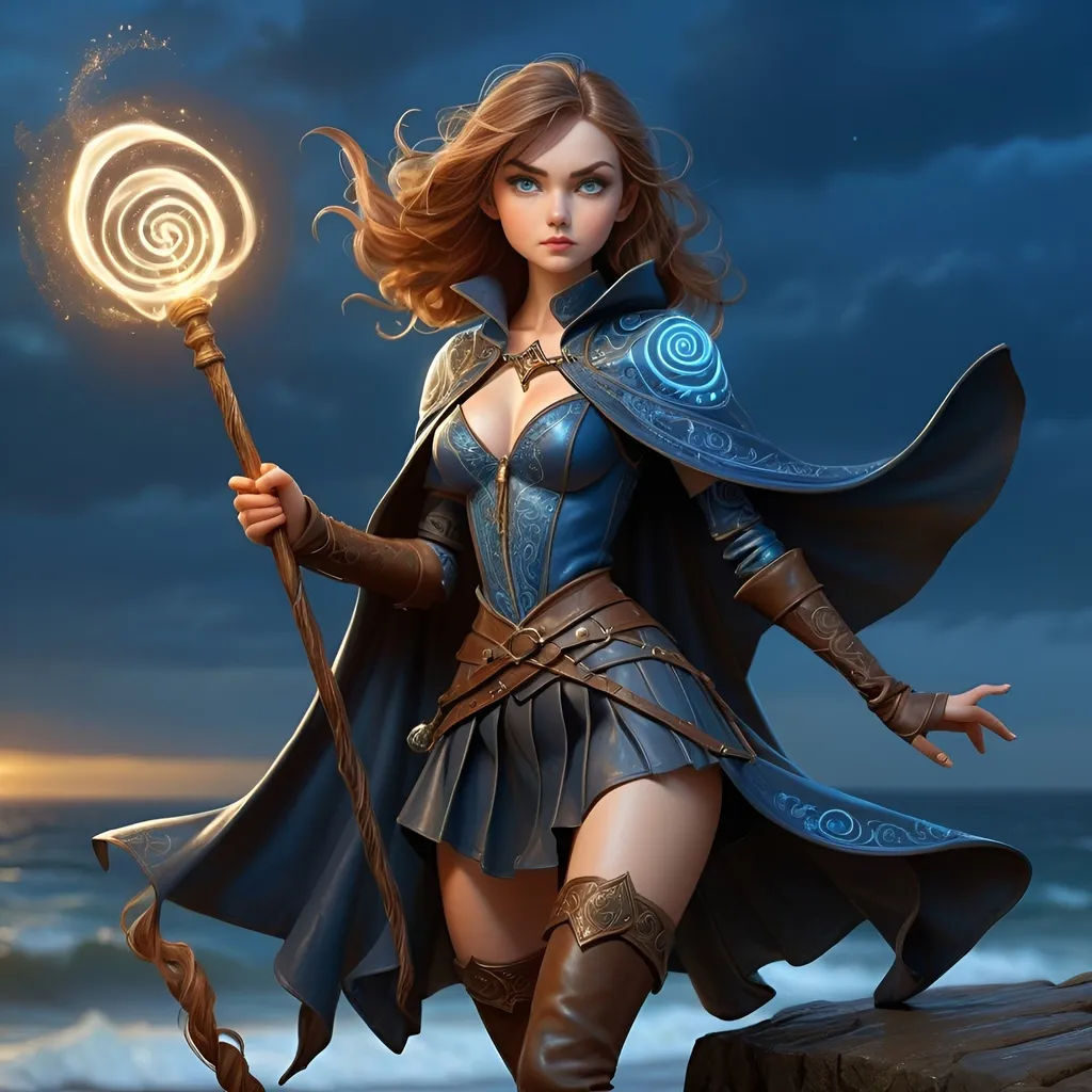 Prompt: Full body, wizard girl, short leather skirt, fierce look, business top, intricate mantle, knee high boots, illuminating wand, riding on a broom, looking out to sea, medieval fantasy, magical swirls, high quality, detailed, medieval fantasy, illuminating blue magical flashes, intricate patterns, atmospheric lighting, gorgeous face, 