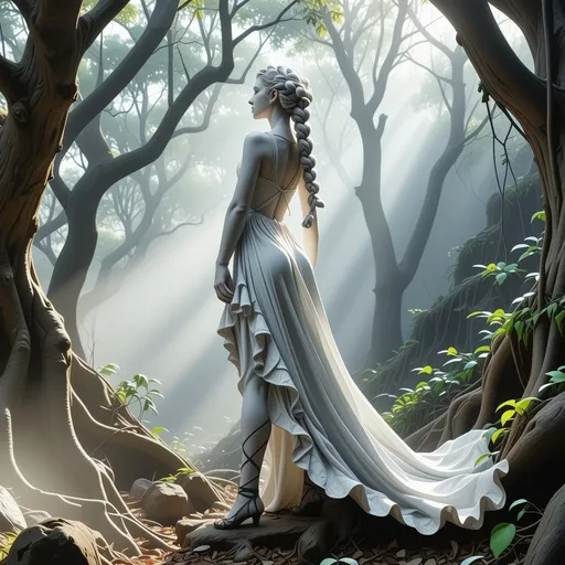 Prompt: (realistic Calacatta marble statue), stunningly beautiful mistress, long braided hair, (veiny marble features), (gorgeous strong face), long medieval fantasy dress with straps, sleek high heels, (dominant stance), looking over shoulder, (overgrown forest clearing), magical spells in the air, enchanting atmosphere, ethereal light filtering through foliage, (highly detailed), (4K), dramatic shadows and highlights, captivating and mystical vibe.