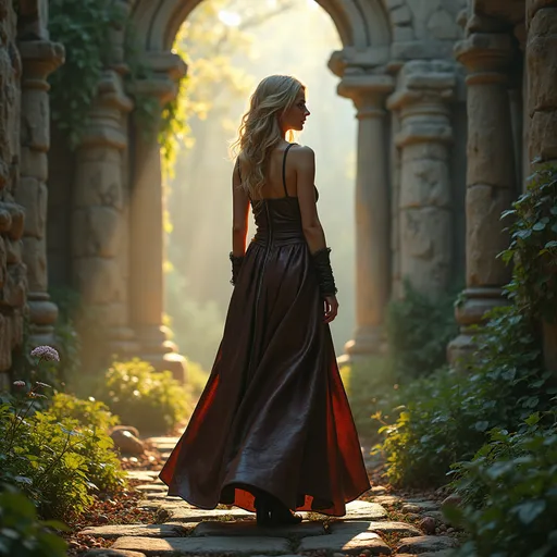 Prompt: (realistic image of a stunning mistress), full female body, walking away with a (dominant stance), long leather medieval dress, looking over shoulder, set amidst ancient ruins, (magical spells) swirling in the air, ethereal glow, rich textures, warm sunlight illuminating the scene, lush foliage intertwining with broken stone, creating an enchanting and mysterious atmosphere, (ultra-detailed, 4K quality).