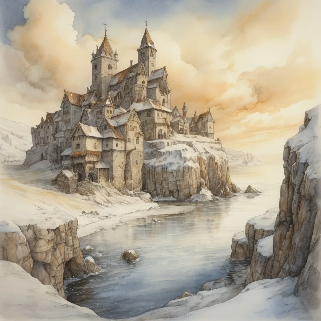 Prompt: ground view, (medieval fantasy docs in winter), (pencil drawing), watercolor, a windswept snowy and ice-covered coastline, intricate Anton Pieck elements, monestery,  golden clouds casting a warm glow over the scene, rustic stone buildings, soft shadows, picturesque winter ambiance, high depth, ultra-detailed, enchanting scenery, evoking nostalgia and magic.