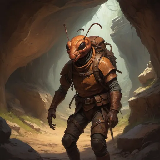 Prompt: (humanoid ant), DnD character,medieval adventurer, dungeon crawling, exploring dimly lit caves, rugged landscape, richly detailed oil painting, expressive facial features, sturdy leather backpack, atmospheric shadows, vibrant earth tones, mysterious ambiance, high-quality craftsmanship, dynamic composition, encapsulating the spirit of adventure and discovery.