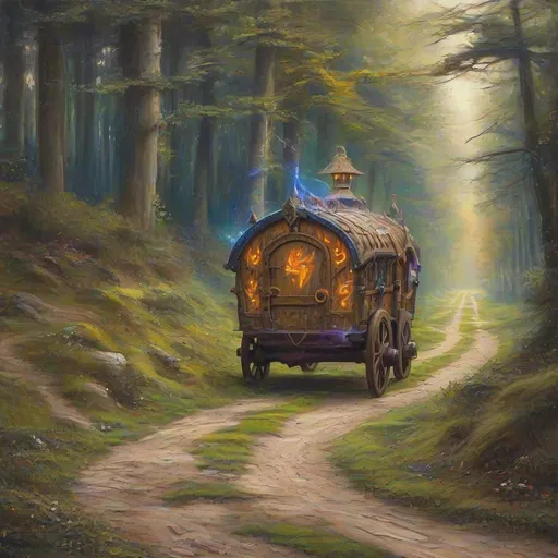 Prompt: (magical wooden transport wagon), medieval fantasy oil painting anton pieck style, glowing runes, swirling magical energy, vibrant colors, enchanting atmosphere, stones lining the rustic country road, atmospheric lighting with soft warm tones, detailed craftsmanship of wagon, elaborate carvings, lush greenery surrounding road, ultra-detailed, dynamic energy showcasing active spells, an air of adventure and mystique.