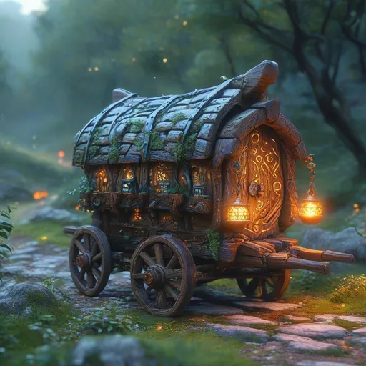 Prompt: (magical wooden transport wagon), medieval fantasy, glowing runes, swirling magical energy, vibrant colors, enchanting atmosphere, stones lining the rustic country road, atmospheric lighting with soft warm tones, detailed craftsmanship of wagon, elaborate carvings, lush greenery surrounding road, ultra-detailed, dynamic energy showcasing active spells, an air of adventure and mystique.