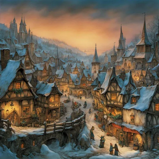 Prompt: <mymodel> Medieval fantasy elven
village, overview, winterscape , at night, warm lights, lanterns, shops, immersive atmosphere, highres, detailed, medieval fantasy, vibrant colors, warm lighting, rustic charm, scenic landscape, oil painting,