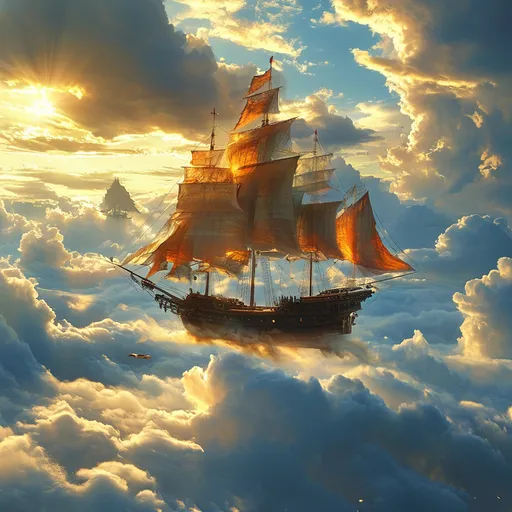 Prompt: (flying ship), above the golden clouds, majestic, fantasy, dramatic golden tones, high contrast lighting, ethereal atmosphere, sense of wonder, ultra-detailed, glowing light reflections on clouds, vast expansive sky, hint of sunlight, crisp air, ultra HD, highly detailed sails, intricate design, storm clouds, fantastical elements, vivid colors, cinematic masterpiece.