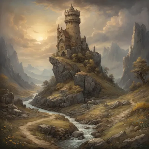 Prompt: (An oil painting of a rocky landscape with a stone magetower with illuminating magic radiation) in medieval fantasy style, anton pieck, dramatic lighting, detailed textures, wild stream, enchanting atmosphere, foggy valleys, ancient stone structures, wildflowers, rustic charm, ultra-detailed, high resolution, golden clouds, masterpiece quality, deep shadows rich contrast, realistic proportions, intricate details, nature's grandeur