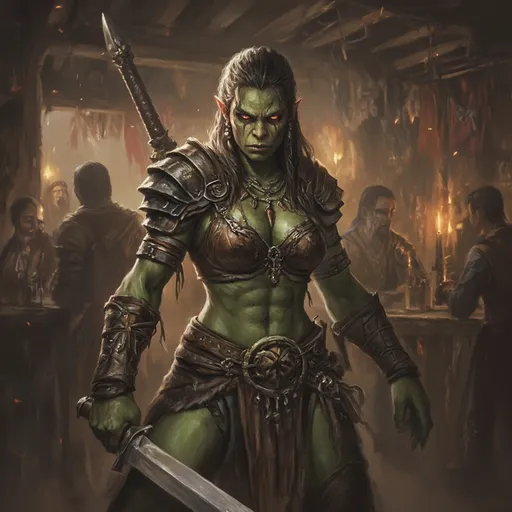 Prompt: Medieval fantasy female orc DnD character, standing in a rustic tavern, green skin,  red glowing eyes, poised for a fight, intense expression, full fur leather armor, feminine muscular build, adorned with leather armor and tribal jewelry, ivory blade, surrounded by chaotic patrons, wooden beams, and torchlight casting shadows, oil portrait style, rich colors, dramatic lighting, high detail, ultra-detailed.