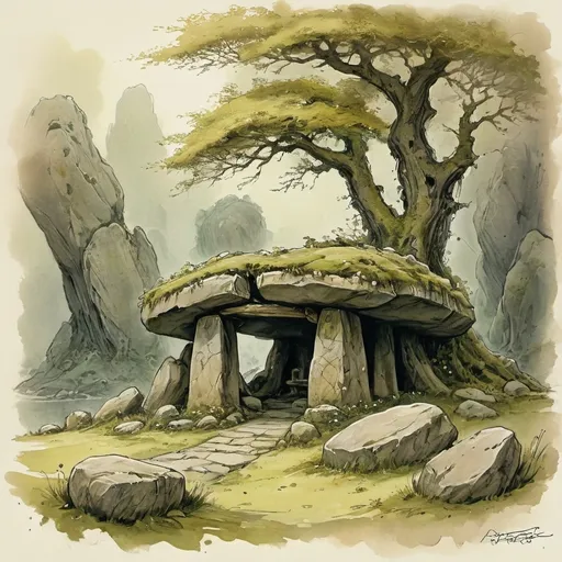 Prompt: sephia colored parchment sketch anton pieck style, (ancient dolmen), (sacred resting place), (Celtic ambience), mystical atmosphere,  moss coved boulders, ethereal fog blanketing the ground, tranquil and serene mood, historical significance, ultra-detailed setting, hints of ancient inscriptions, natural surroundings, rich textures, harmonious blend of nature and history.