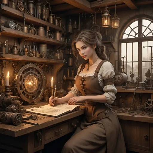 Prompt: (beatifull but timid female tinkerer character), imperial fantasy, anton pieck style, hyper realistic digital art, intricate mechanical sketches, workshop, wooden work bench, pretty face, mechanical tools, intricately detailed, warm and muted color tones, cozy atmosphere, cluttered yet organized, vintage decor, enchanted machinery, dim candlelight, richly textured, high-quality 4K, ultra-detailed illustration, storytelling elements, medieval alchemy tools, brass and copper accents, captivating setting, expertly crafted handles and gears, rustic wooden shelves in the background, smoke tendrils.