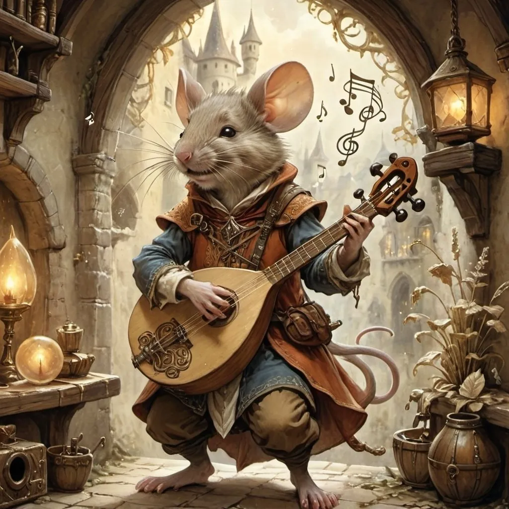 Prompt: DnD mouse bard playing instrument, magical musical notes streaming in the air, Anton Pieck style painting, vintage warm tones, intricate details, whimsical fantasy, medieval, high quality, oil painting, charming, enchanting, intricate details, cozy lighting