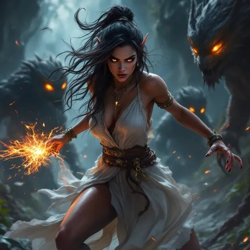 Prompt: Digital art of a gorgeous woman, Adivasi-inspired character, monk style fighting scène, fierce stance (fighting against dungeon monsters), deep dark brown glowing eyes, medieval fantasy setting, vibrant colors, dramatic lighting, intricately detailed high heels, flowing light summer dress, enchanting atmosphere, imaginative creatures looming in shadows, lush background elements, high quality, ultra-detailed, captivating scene capturing bravery and beauty.