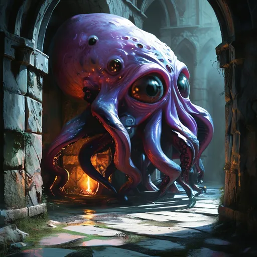 Prompt: (DnD beholder), (10 smaller eyestalks), (one big centre eye), dark dungeon setting, stone walls, eerie shadows, flickering torchlight casting ominous glows, high detail, dramatic lighting, atmospheric depth, (4K), intense and foreboding ambiance, mysterious textures and elements, captivating fantasy scene.