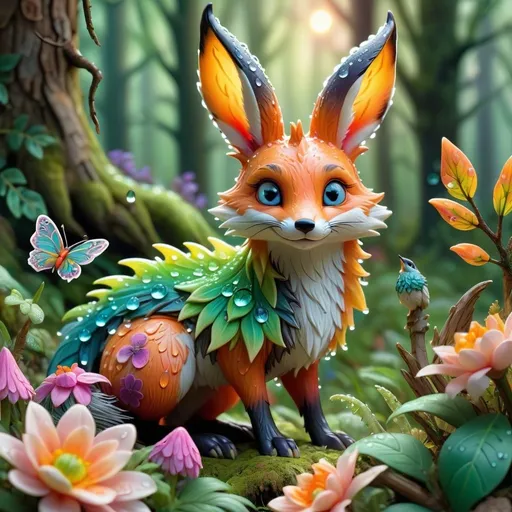 Prompt: Realistic forest illustration of a combination of a bunny a fox and a dragon vibrant spring colors, intricate floral details, detailed dew drops, ethereal glowing aura, high quality, realistic, sunrays, badgers, birds, fluffy, colorful, detailed fur, glowing aura, springtime, woodland, detailed eyes, professional, ethereal lighting, birds