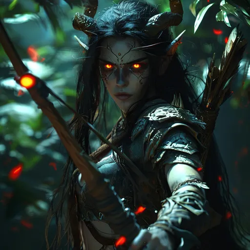 Prompt: (stunningly beautiful, wild dark elf), in ambush, (WoW style), dark moonlit night, red glowing eyes, jungle setting, intricate shadow details, vibrant foliage, bow in hand, mystical ambiance, cool tones, dramatic lighting, high contrast, ultra-detailed character, powerful stance, enchanting atmosphere, rich textures, depth of field, immersive surroundings, high quality