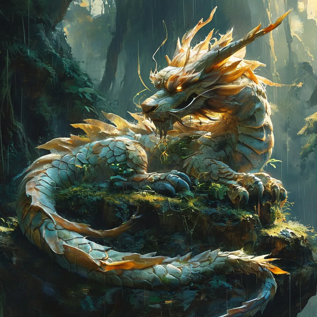 Prompt: (stone western sleeping dragon statue), (overgrown with moss and plants), magnificent wings, (ceremonial resting giants), deep rainforest, sunlight streaming through ancient trees, ethereal atmosphere, mystical ambiance, rich greens and browns, soft golden light, serene background, oil painting masterpiece, capturing the awakening of the gods, high detail, enchanting scene, tranquil yet powerful mood, ultra-detailed composition.