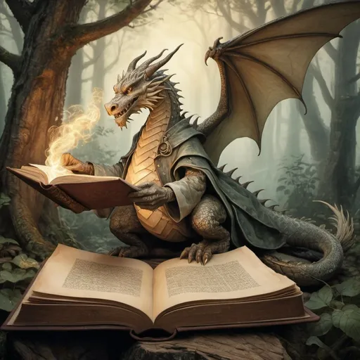 Prompt: Anton Pieck style illustration of a magnificent dragon, old wizard in enchanting woods, anchient magical tome  floating in the air, romantic lighting, vintage paper texture, detailed dragon scales and ancient wizard's robe, highres, vintage, detailed, romantic, enchanting, magical, traditional illustration, warm tones, atmospheric lighting