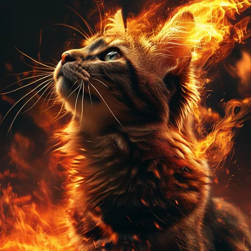 Prompt: (cat ablaze with flames), vibrant dynamic color tones, warm fiery hues, high contrast, dramatic lighting, fairytail setting, flame details throughout, surreal and powerful visual impact, dark background, ultra-detailed, 4K, cinematic masterpiece.