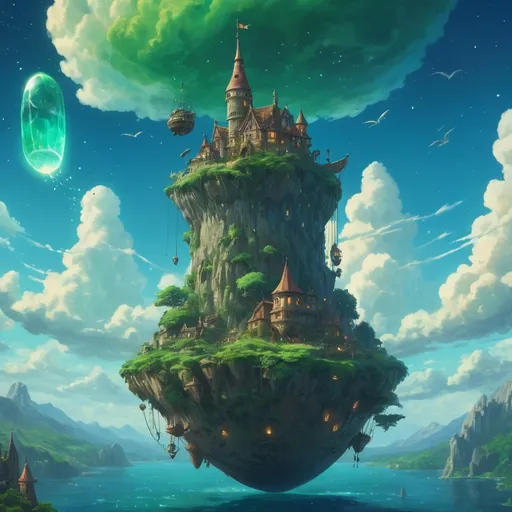 Prompt: (studio ghibli style painting with a flying stone magetower and a flying ship), medieval fantasy, magical atmosphere, vibrant colors, intricate details, lush green floating islands, enchanted sky with whimsical clouds, glowing ambient light, epic and adventurous mood, high depth cinematic artistry, highly intricate, breathtaking scenery,  dynamic sky with starlit accents, (4K) ultra-detailed, masterpiece