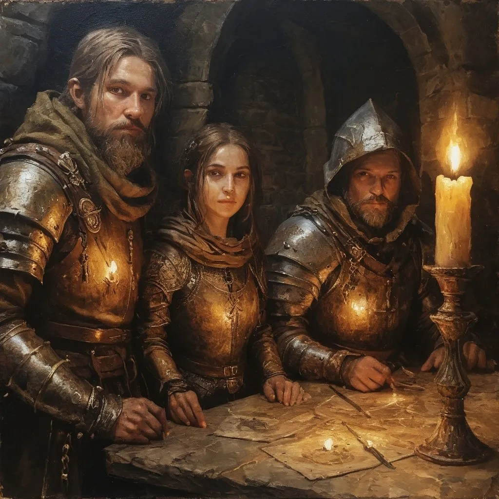 Prompt: Encaustic painting of medieval fantasy style explorers, dnd Characters, earthy tones, darkness, candle light, high qualtiy faces, highly detailed, expediton gear, atmospheric lighting, high quality, encaustic painting, gold,  earthy tones, detailed, medieval fantasy, darkness, atmospheric lighting