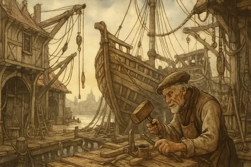 Prompt: (old man ship builder), (antique wooden wharf at the waters edge), (cranes and ropes) in intricate detail, medieval fantasy setting, watercolor painting anton pieck style, soft and muted colors, warm ambient lighting, filled with dust motes, nostalgic atmosphere, charming clutter, whimsical and dreamy quality, ultra-detailed, inviting vibe that captures the essence of craftsmanship and imagination.